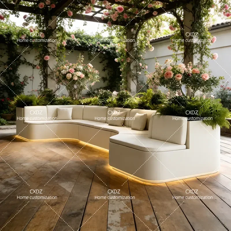Outdoor Sofa with Flower Box Seat Stool Combination for Courtyard Mall Garden Modern Simple Villa Leisure Soft Cushion