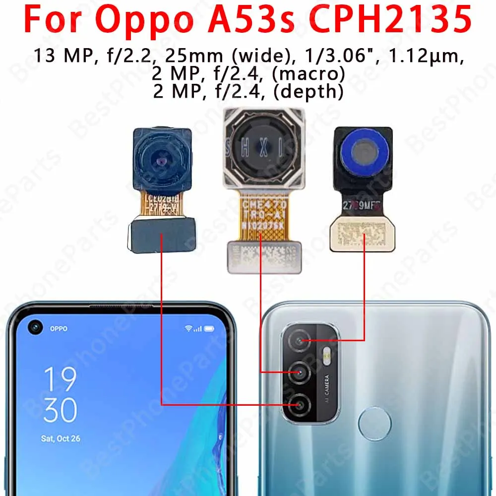 Selfie Front and Rear Back Camera For Oppo A37 A52 A53 2020 A53s Camera Module Backside View Replacement Spare Parts