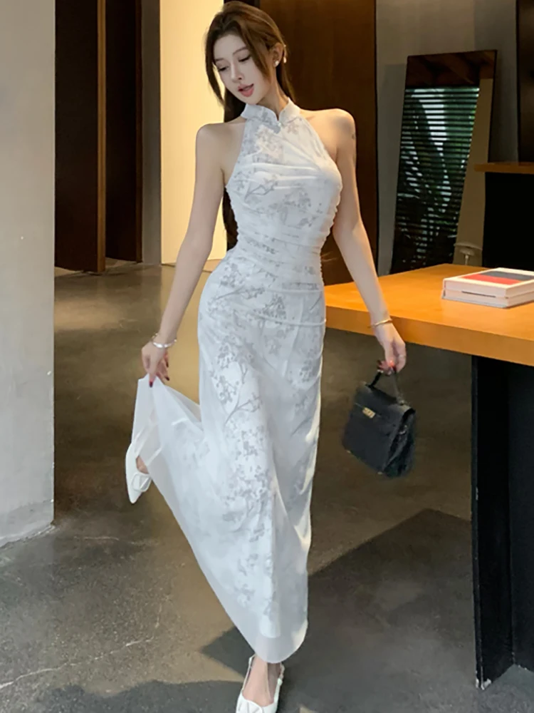 Summer White Print Mesh Neck-mounted Long Dress Women Elegant Luxury Cheongsam Dress 2025 Korean Fashion Bodycon Evening Dresses