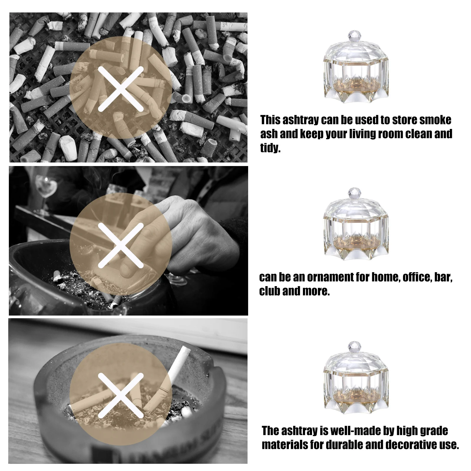 

Desktop Clear Ash Container Crystal Ashtray with Lid Tabletop Practical Cigarette Butt Household