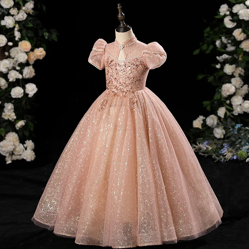 Girls First Communion Dress Children Pageant Ball Gown Girl Flower Wedding Sequins Dresses for Kids Piano Performance Vestidos