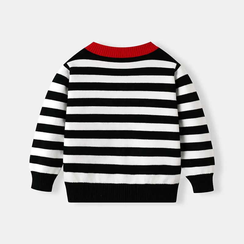 سترة ربيعية مخططة من القطن الخالص باللون الأسود والأبيض للأولاد والبنات والأطفال - ملابس خارجية سترة محبوكة