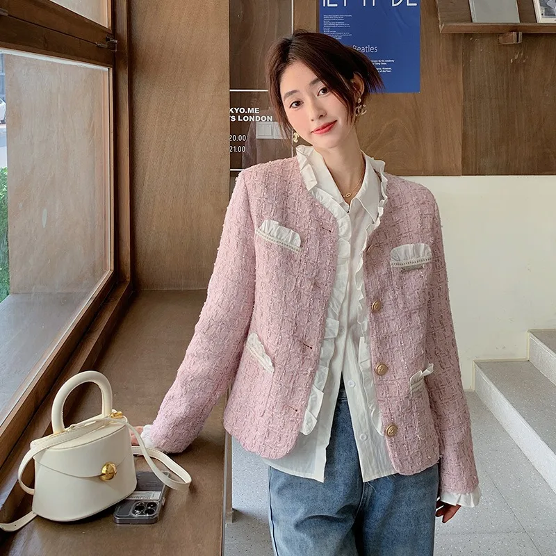 

New Spring Autumn Jackets Women Vintage Fashion Short Coats Single Breasted All Match Tops Elegant Office Lace Patchwork Outwear