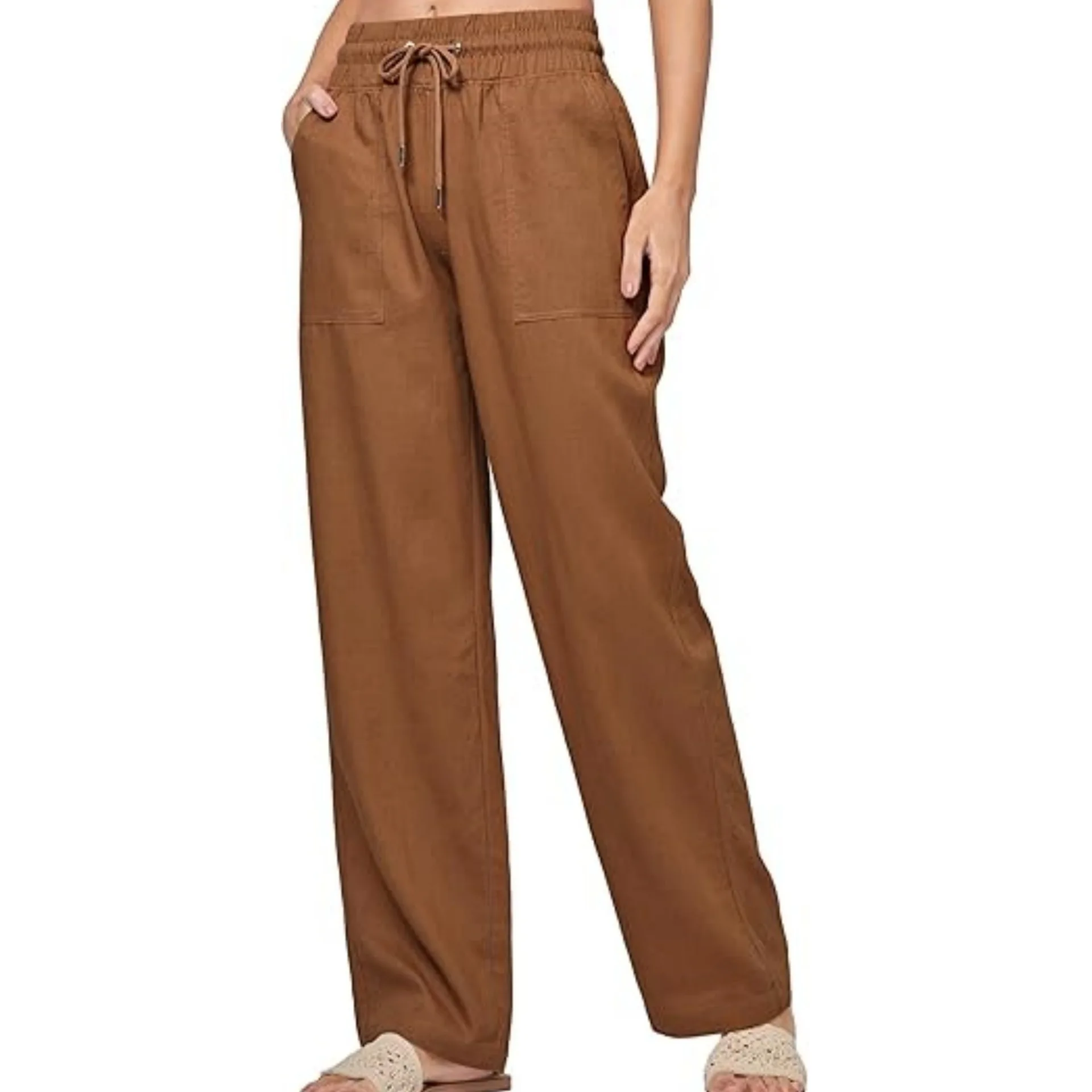 Casual Wide Leg Pants Women's Linen Beach Summer Trousers with Pockets High Waist Straight Cut Minimalist Style Fashionable