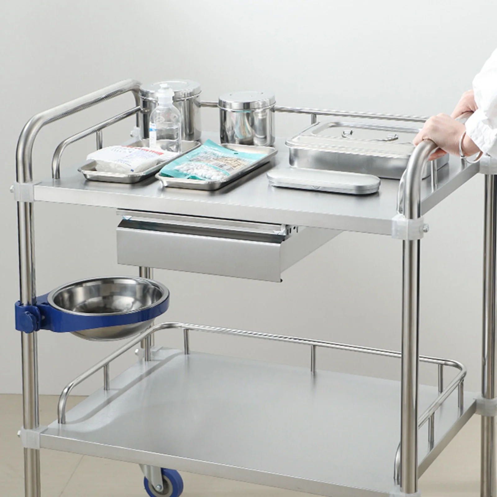 Stainless Steel Trolley Rolling Cart with Lockable with 360° Silent Wheels Utility 2 Layer Cart for Kitchen Salon