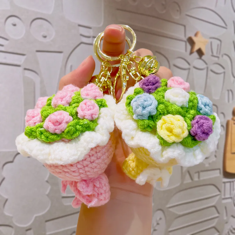 

Cute Handmade Crochet Bouquet Keychain Knitted Flower Bag Charm Pendant for Girls Women Kids Gift Daily Accessory