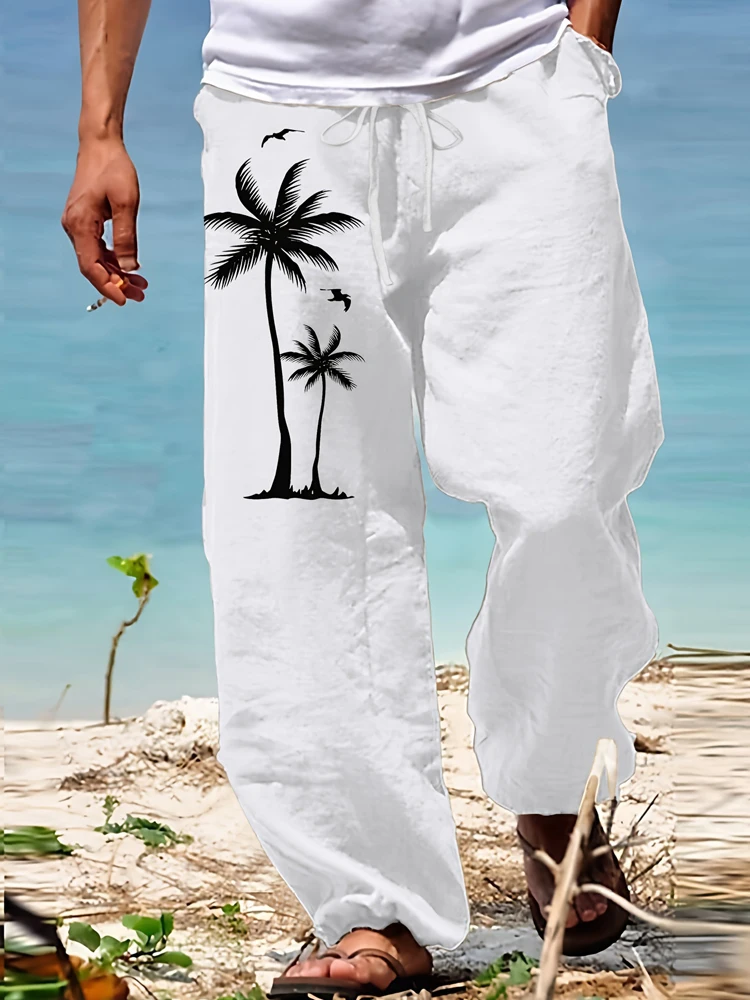 

2025 Summer Oversized New Men's Pants Bohemian Fashion Style Wide-leg Pants 3D Coconut Pattern Print Loose Casual Beach Pants