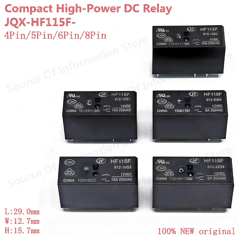 

5Pcs JQX-HF115F/005/012/024-1ZS1 -1ZS3 -1HS3 -2HS4 -2ZS4 Power DC Relay 5V 12V 24V 48V 4Pin/5Pin/6Pin/8Pin 8A 12A 16A