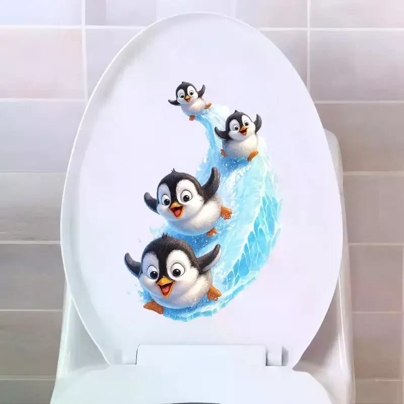 /PFU/Sliding Penguins Toilet Decoration Sticker Waterproof Self-Adhesive Bathroom Home Wall Decal Cute