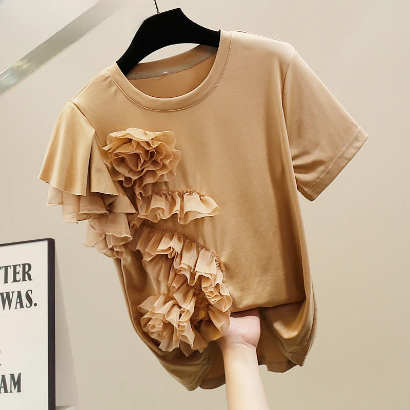 

Fashion Heavy Industry Top Women's New Three-Dimensional Flower Ruffled Round Neck Irregular Short Sleeve T-shirt Top 2024