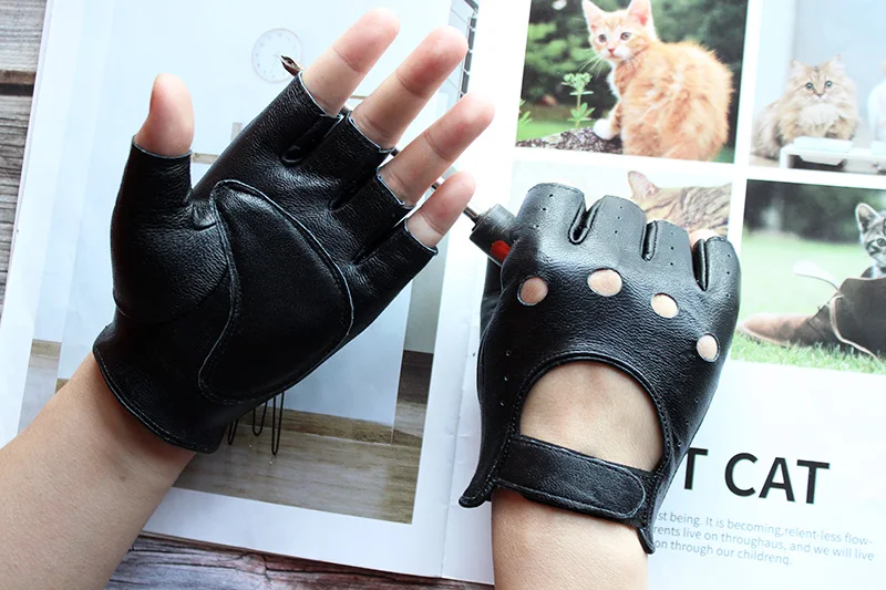 Leather Half Finger Gloves Women\'s Short Thin Section Unlined Spring and Autumn Motorcycle Riding Ladies Driving Fingerless