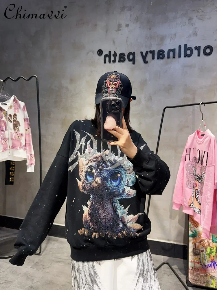 Luxury Heavy Hot Diamond Loose Ink Splashing Design Sweatshirt Men's and Women's Long-sleeved Cartoon Printing Crew Neck Tops