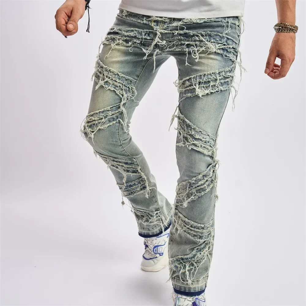 Wide jeansLeg Pants Ripped Spliced Men Jeans Vintage Ankle Length Distressed Denim Trouser Wash Solid Loose Pockets Punk Style