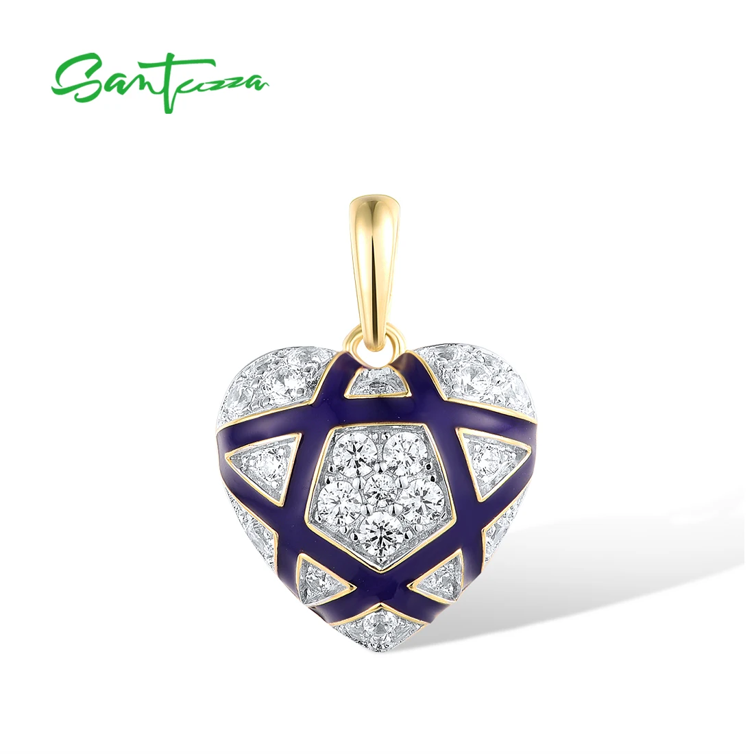 SANTUZZA Authentic 925 Sterling Silver Pendant for Women Sparkling White CZ Blue Heart Enamel Cute Wedding Set Fine Jewelry