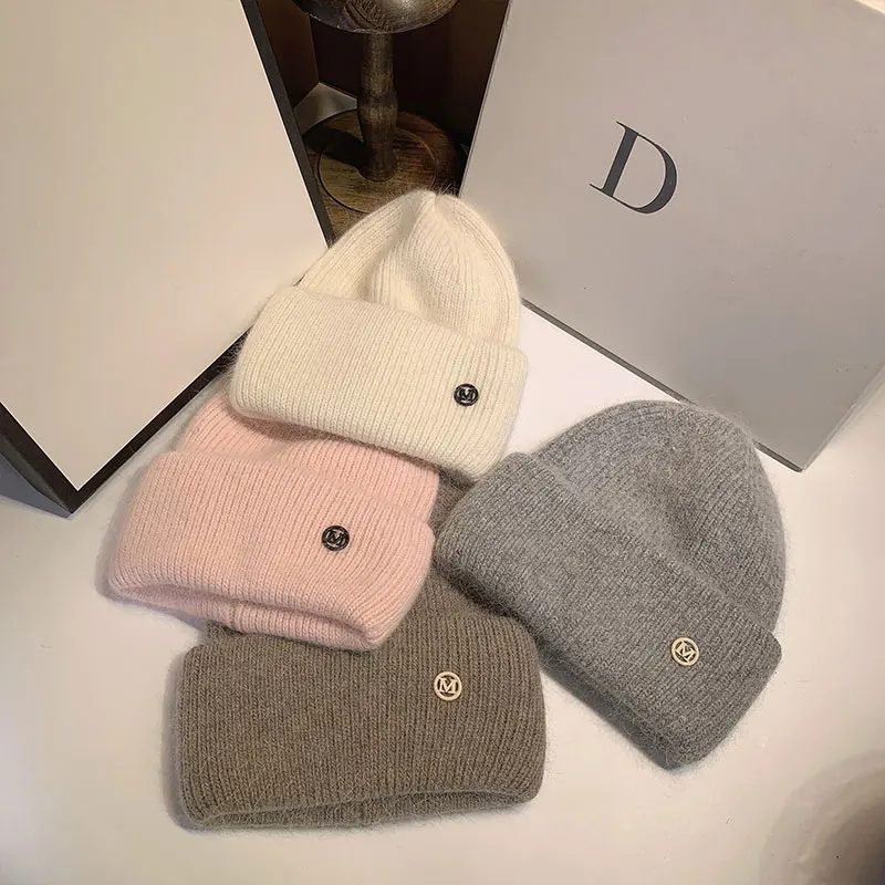 Rabbit Fur Beanies  Fluffy Winter Hat for Women Angora Soft Warm Knitted Hat Skullies Beanies Female Bonnet Woman M Knit Cap