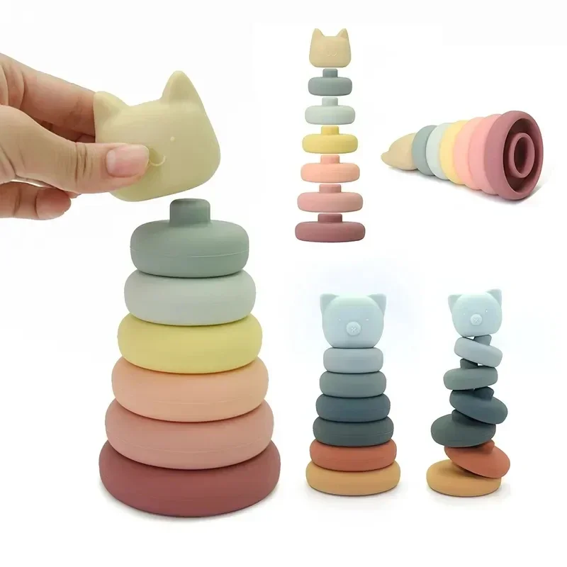 Juguetes educativos para edades tempranas, bloques de juego de torre de anillo apilable de arcoíris de silicona, juguetes Montessori para bebés