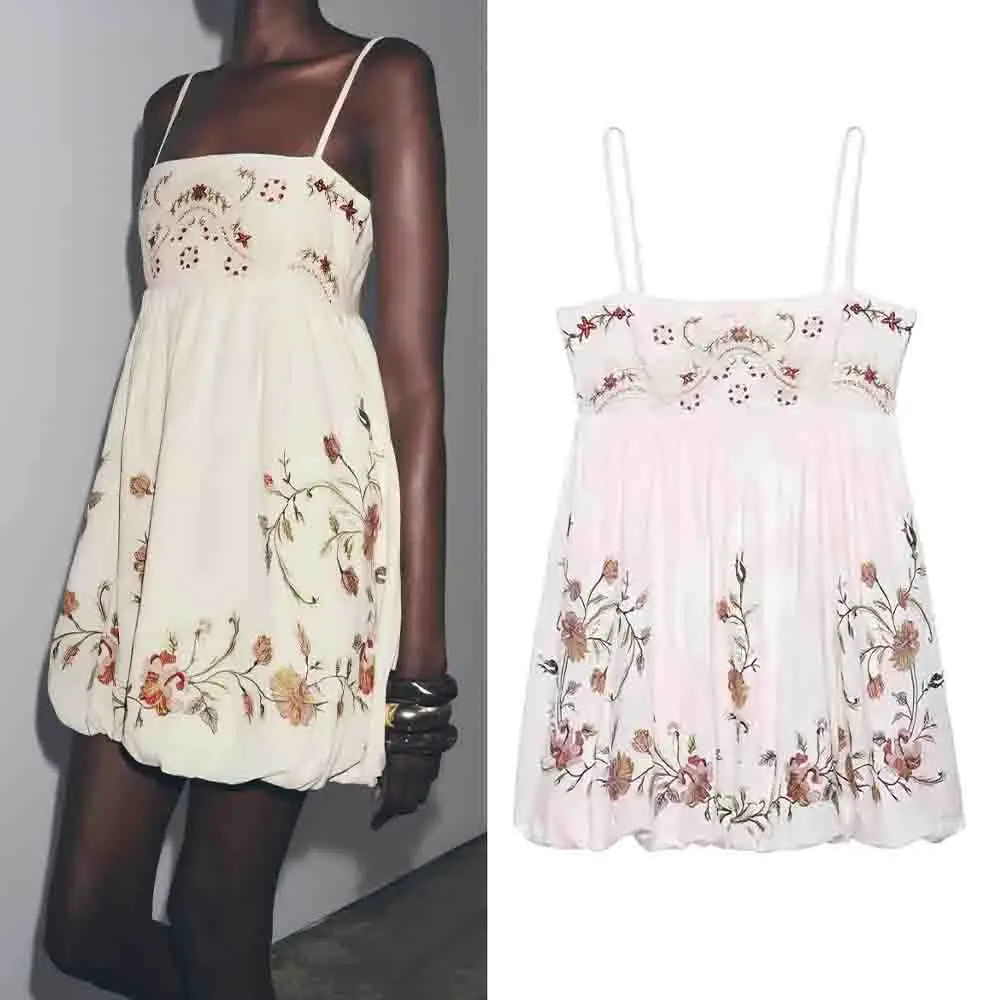 

Women's New fashion flower embroidery decoration sleeveless pleated suspender mini dress retro backless women's dress