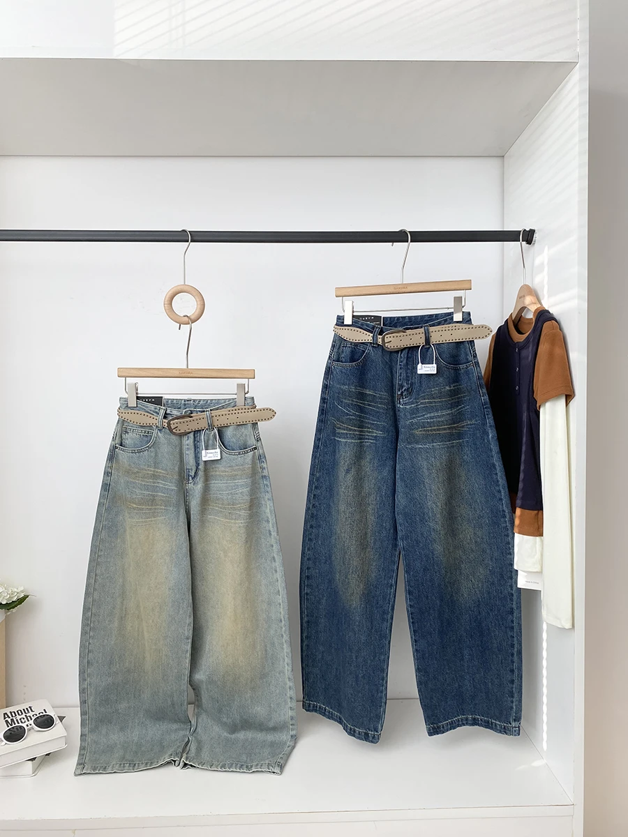 

Женские джинсы с высокой талией и широкими штанинами в стиле ретро-американского дизайна, выбеленные, модные, трендовые, весна 2026