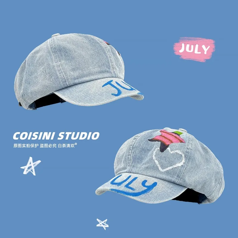 

Japanese Letter Pentagram Graffiti Washed Denim Painter Hat for Women's Spring and Summer Trend Short Eave Sunshade Newsboy Cap