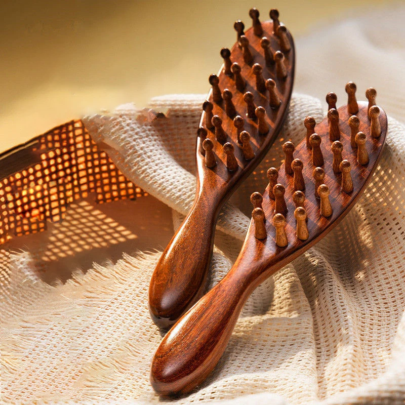 Natural Sandalwood Comb Head Meridian Comb Long Handle Comb Multifunctional Insert Tooth Massage Comb 22 Nails