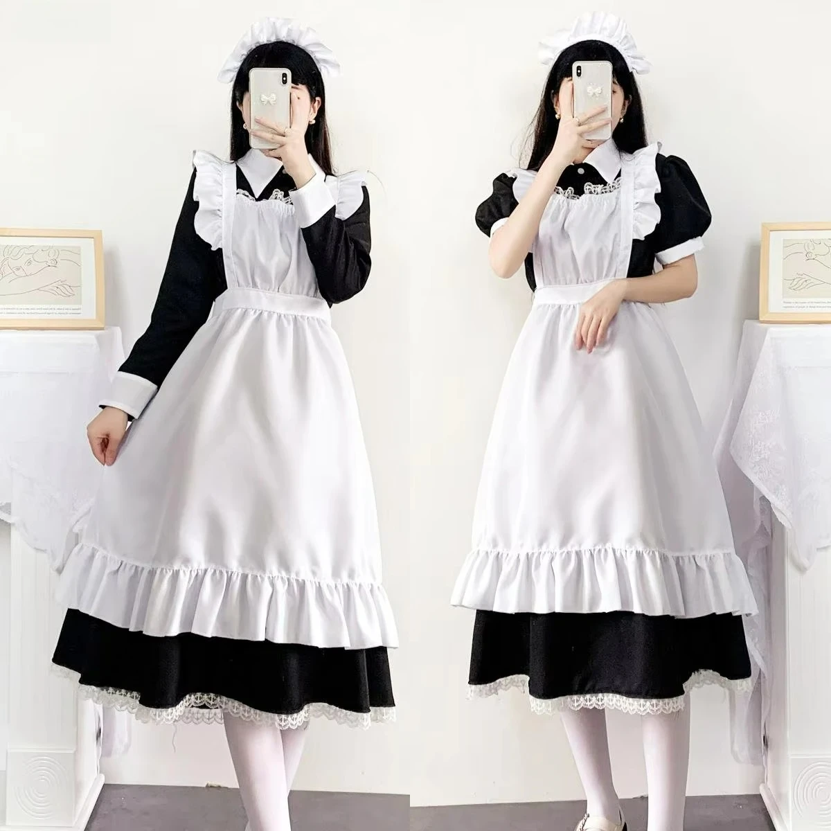 Women Cute Maid Dress Maid Outfit Apron Dress Cross Dressing Housekeeper Dress Japanese Uniforms Halloween Cosplay Costume
