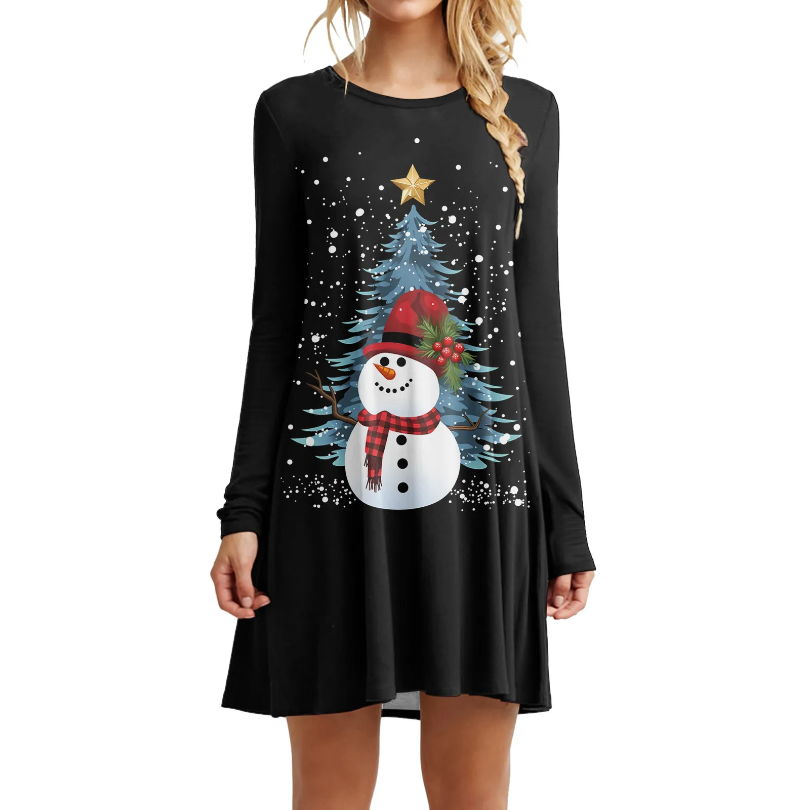 

Women Autumn And Winter Casual Fashion Christmas Print Round Neck Long Sleeve Elastic Waist Dresses for Women J Gee Dresses