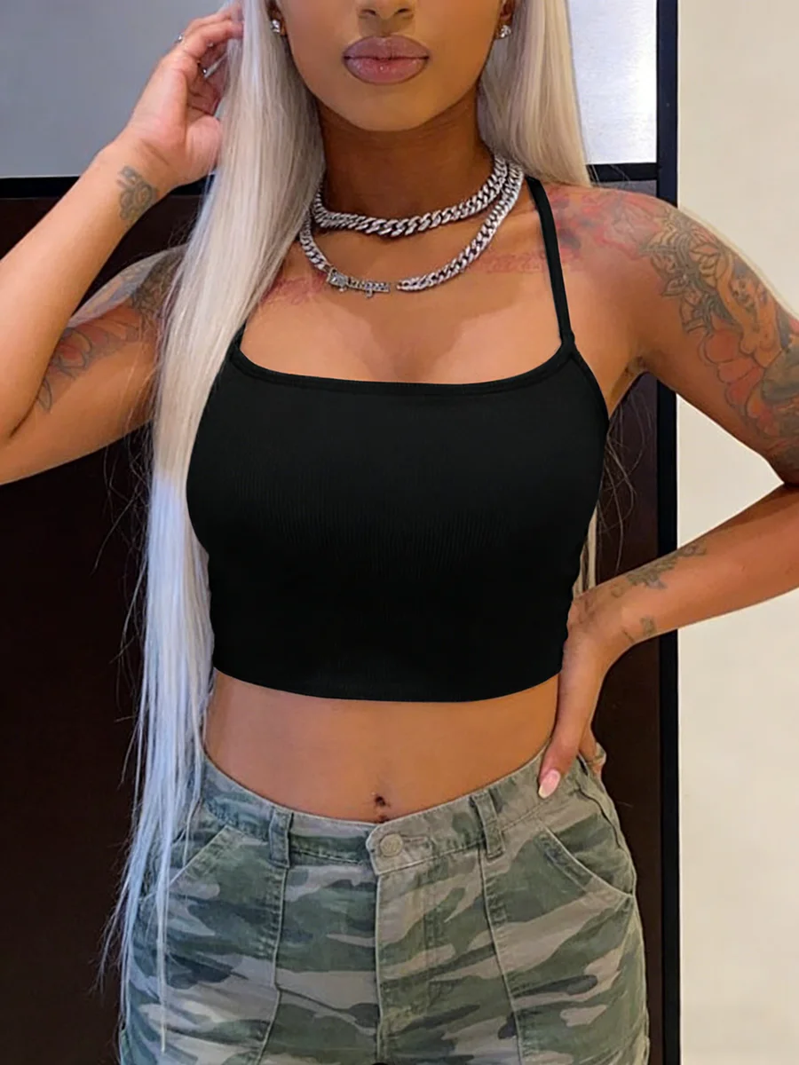 Women Ribbed Knit Cami Square Neck Thin Strap Beaded Vest Tank Slim Fit Casual Elegant Ladies Wear Spring Summer Daily Blouse