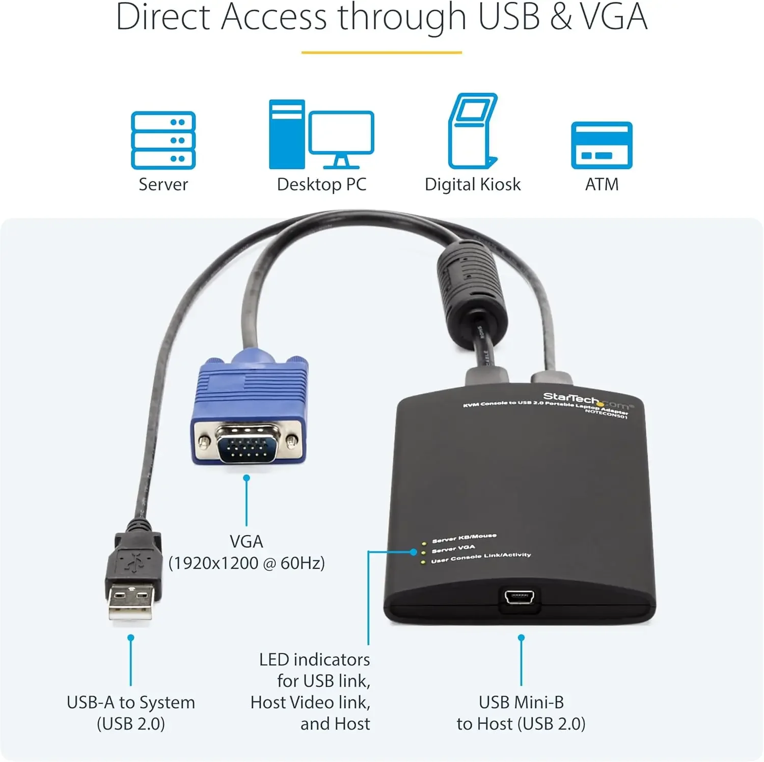 StarTech.com محول عربة تحطم الكمبيوتر المحمول المحمول لإدارة الخادم، وحدة تحكم USB/VGA KVM، Windows/Linux/MacOS - TAA