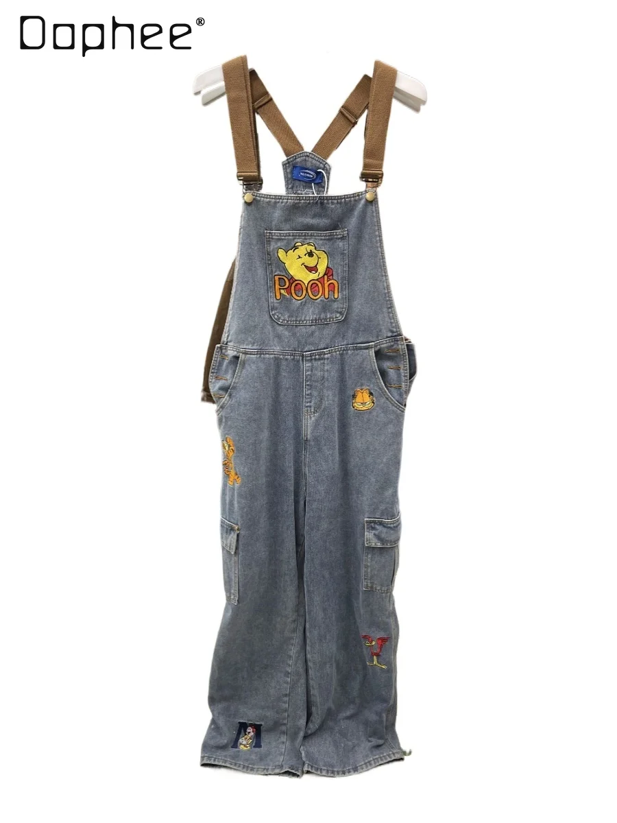 

Spring Autumn New Cartoon Embroidered Denim Suspender Pants Women All-Matching Loose Japanese Style Cute Mop Trousers