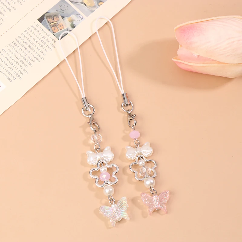 〔CC88〕 3D Butterfly Alloy Pearl Bow Cell Phone Chain Charms Bag Decoration Y2K