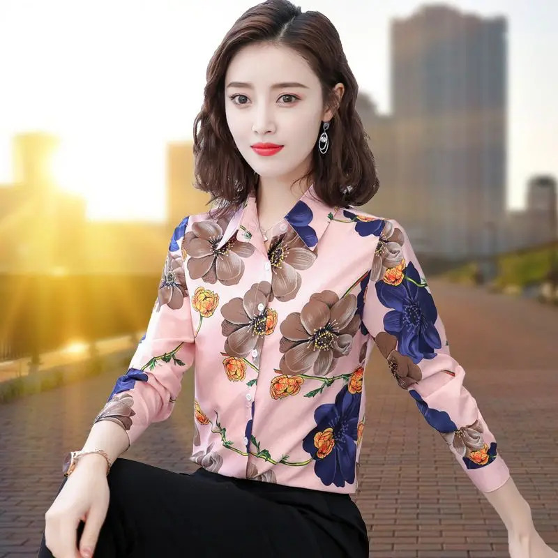 Vintage Printed Button Loose Floral Shirts Women\'s Clothing 2023 Autumn Winter Oversized All-match Tops Office Lady Blouses