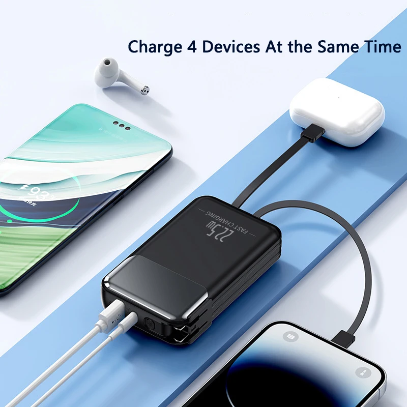 Power Bank 20000mAh With Cable Plug Wall Charger 22.5W Fast Charging Powerbank for iPhone Samsung Huawei Xiaomi External Battery