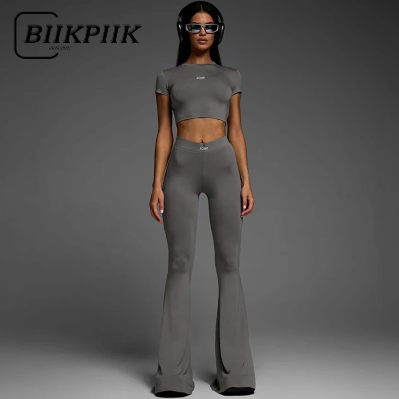 BIIKPIIK Sporty Fitness Two Piece Sets Shorts Sleeve Crop Top + Elastic Skinny Flare Pants Fashion Concise Casual New Clothing