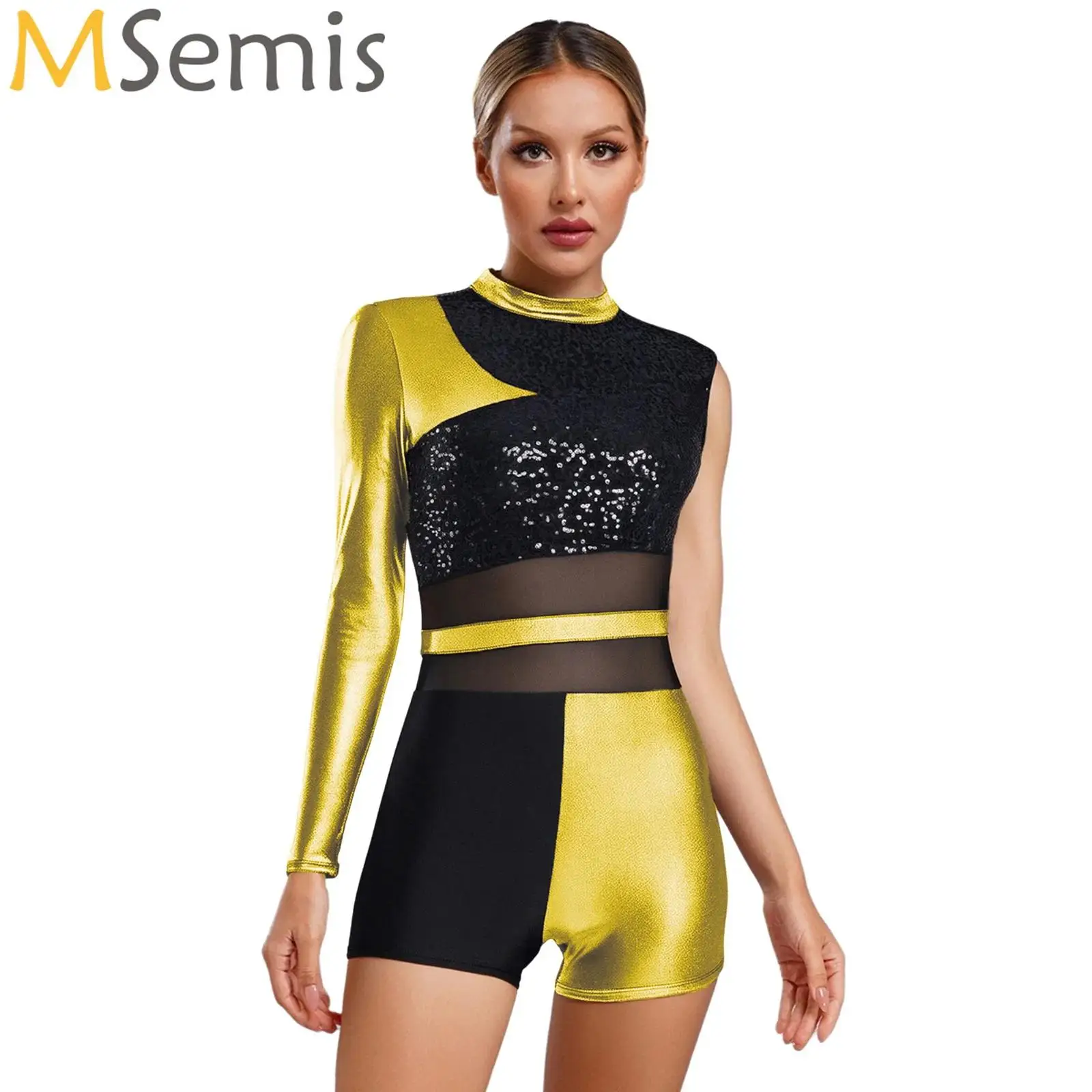 

Womens Latin Dance Asymmetrical Bodysuit Backless Boyshort Glittery Sequins Metallic Unitards Chacha Ballet Ballroom Dancewear