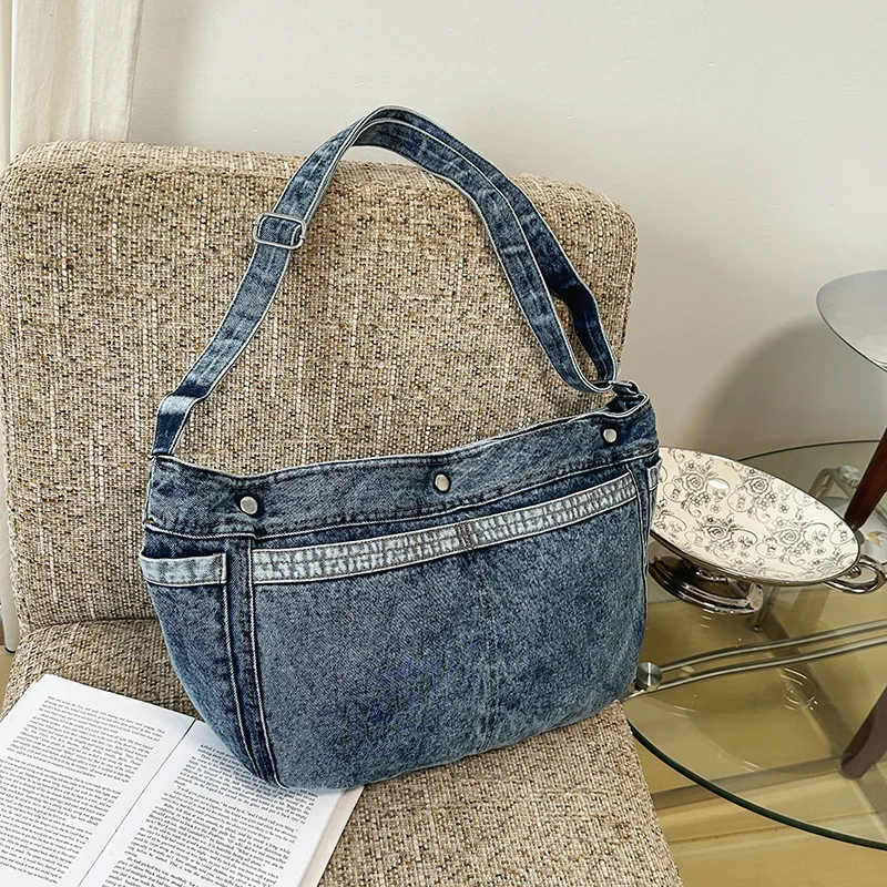 

Джинсовая сумка через плечо, просторная сумка через плечо для студентов, повседневная сумка-тоут, минималистичная сумка «день-ночь», текстурированная сумка-слинг