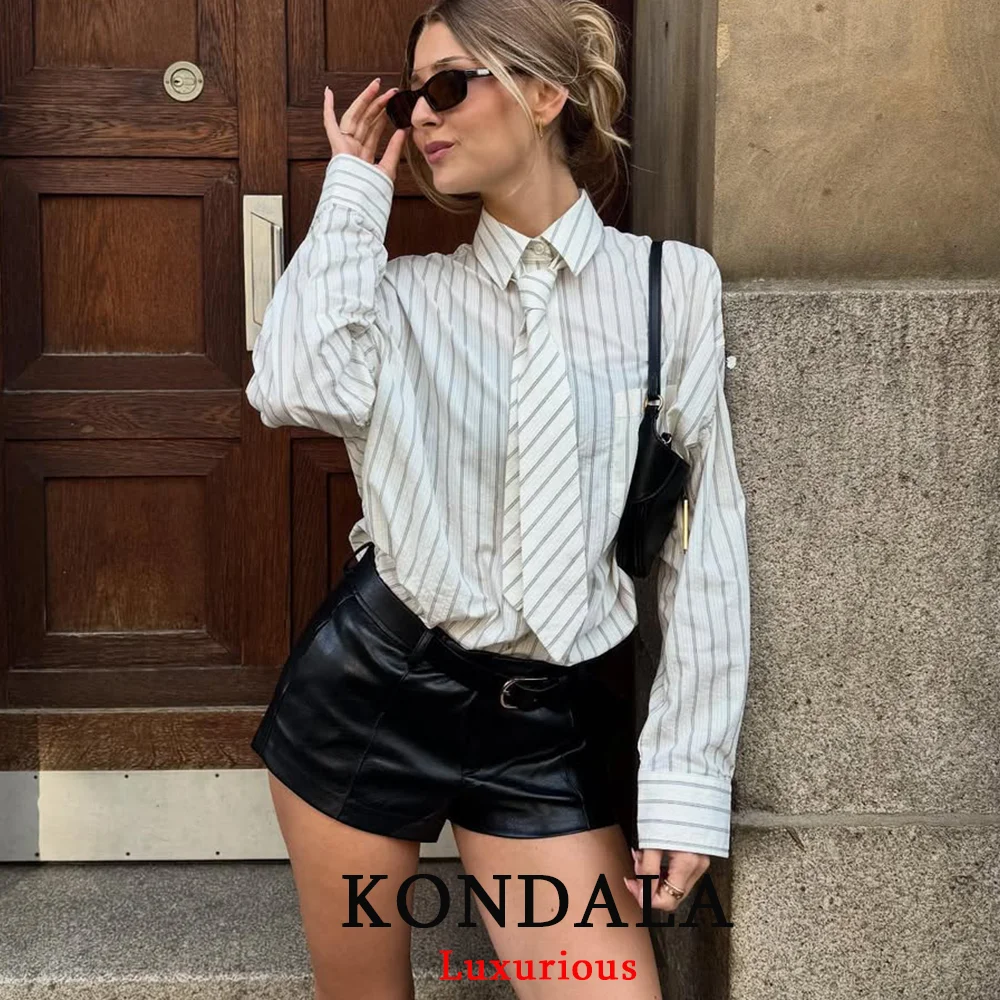 

KONDALA Vintage Striped Women Shirts Long Sleeve Tie Pockets Loose Shirts Women Fashion 2025 Autumn Office Lady Blouses