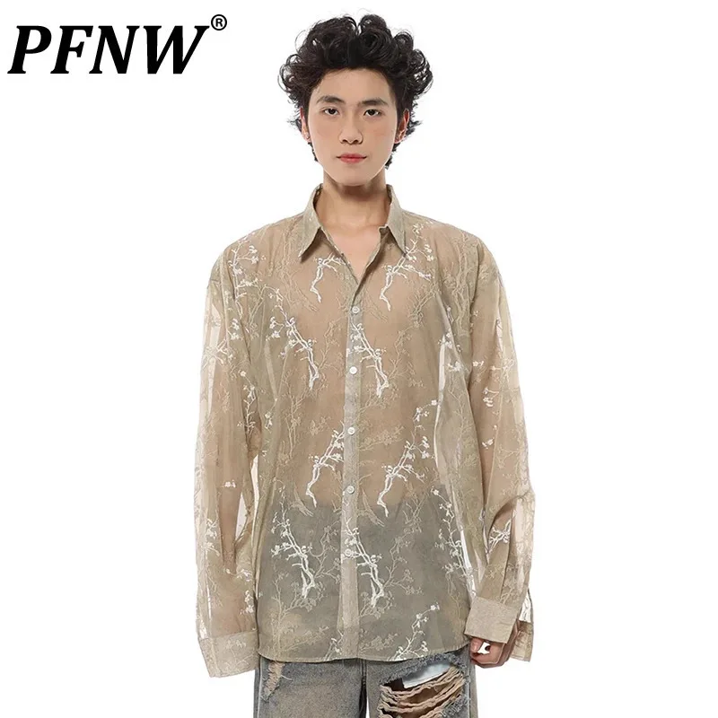 

PFNW Floral Embroidered Long Sleeve Shirt Thin New Turn-down Collar Sunscreen Loose Casual Men's Tops Summer 2024 Chic 28W3940