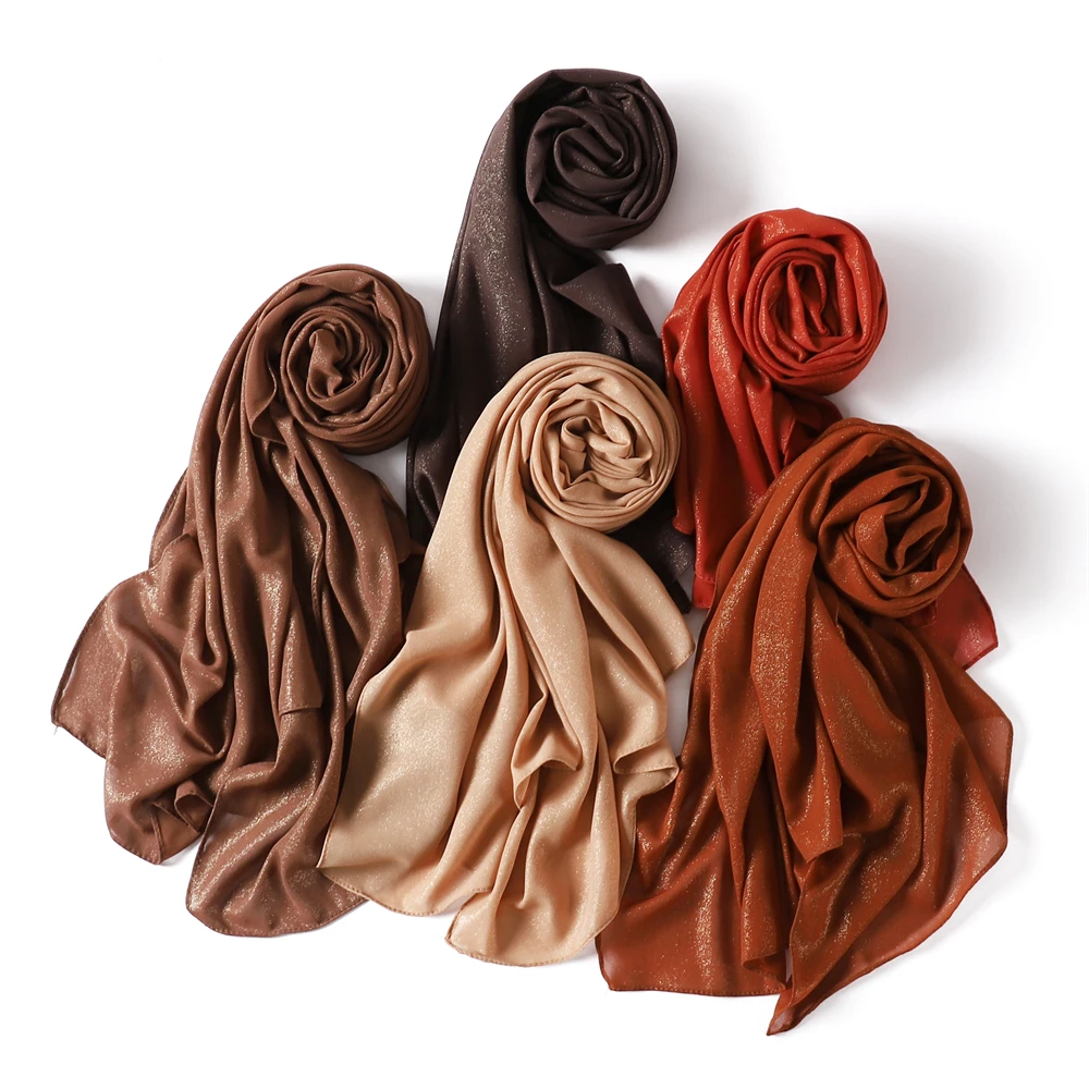 Shimmer Shining Chiffon Hijab Scarf Ramadan Bandana Islam Turban Solid Color Muslim Shawl Scarves Headband Hoofddoek Abaya Woman