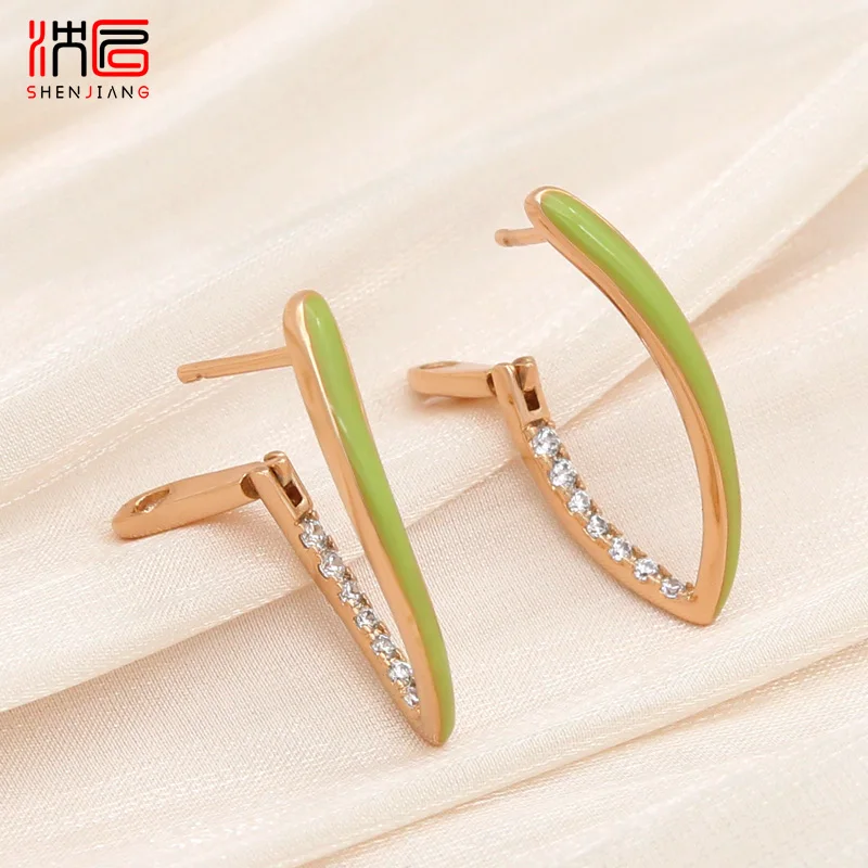 SHENJIANG New Fashion Green Enamel Drop Earrings For Women Girl Wedding 585 Rose Gold Color Jewelry Cubic Zirconia Eardrop