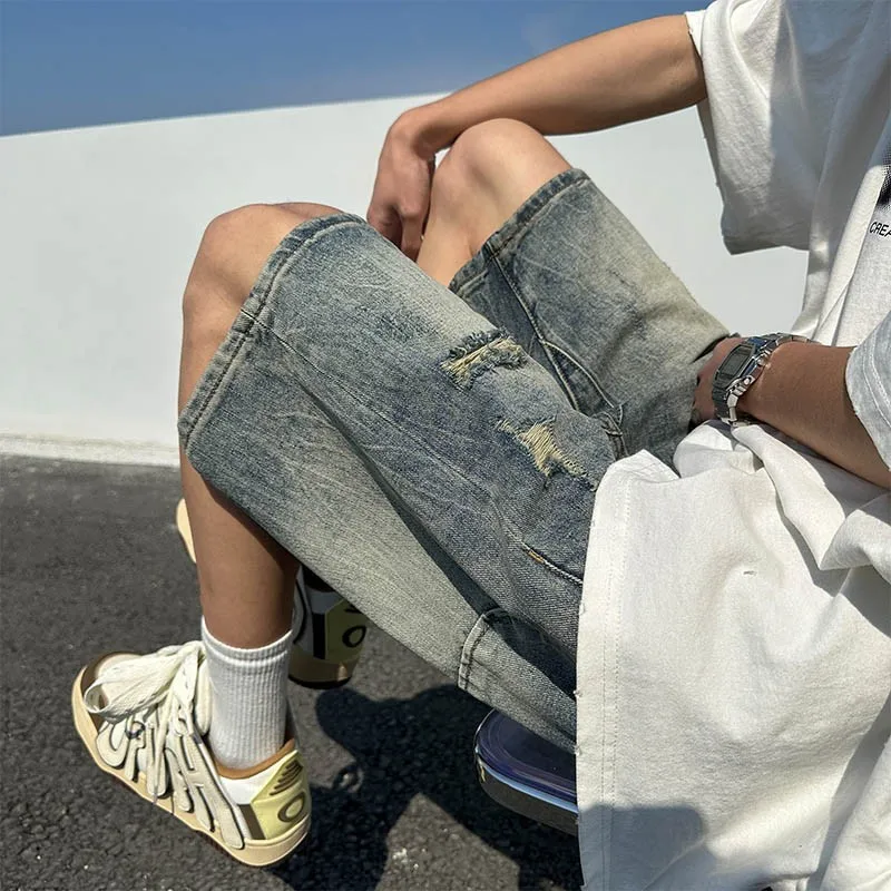 

Loose Oversize Distressed Denim Shorts Five-Quarter Straight Leg Casual Summer Vintage Neutral Style Men's Jeans Shorts