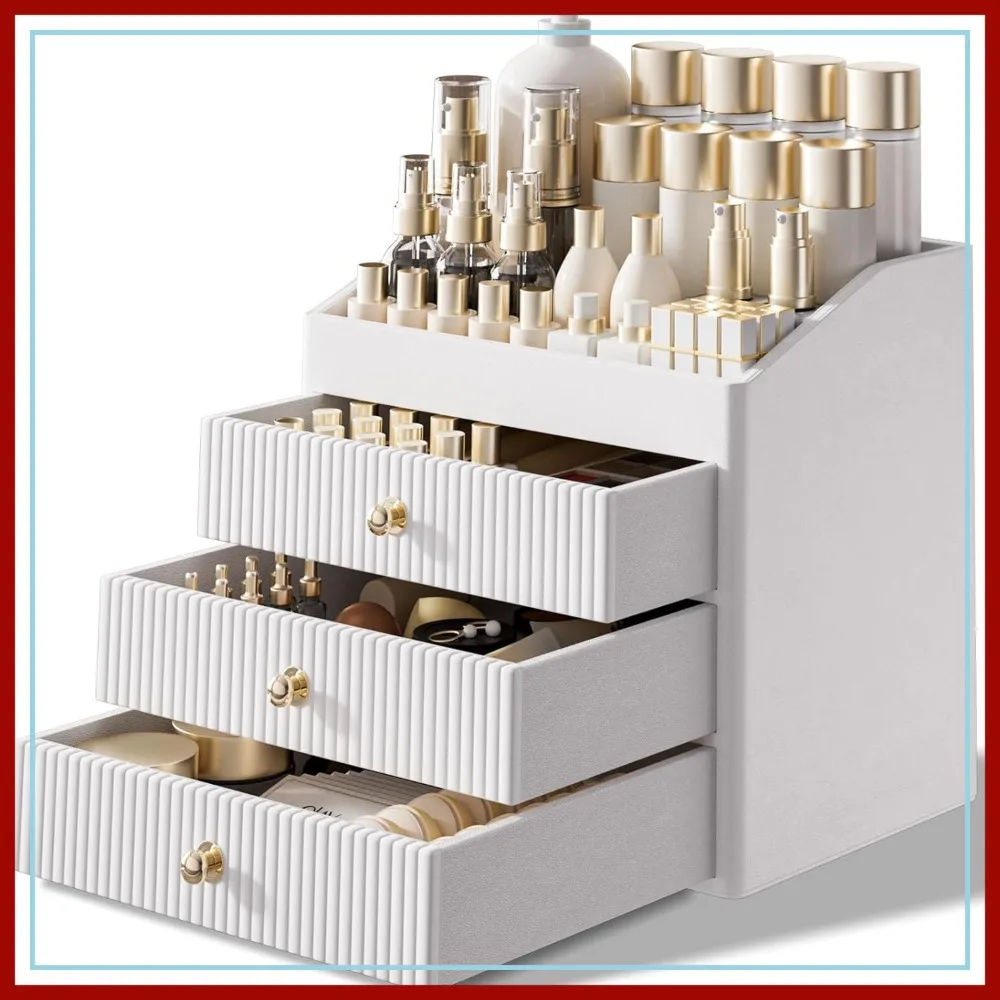 

3-Tier Vanity Organizer, Large Capacity Cosmetic Storage for Makeup Brush, Dresser, Bathroom, Beige White