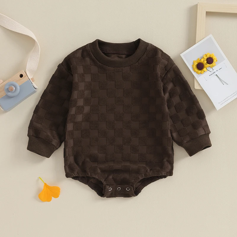 

Baby Boy Sweatshirt Romper Checkerboard Print Long Sleeve Jumpsuit for Infant Toddler Fall Outfit