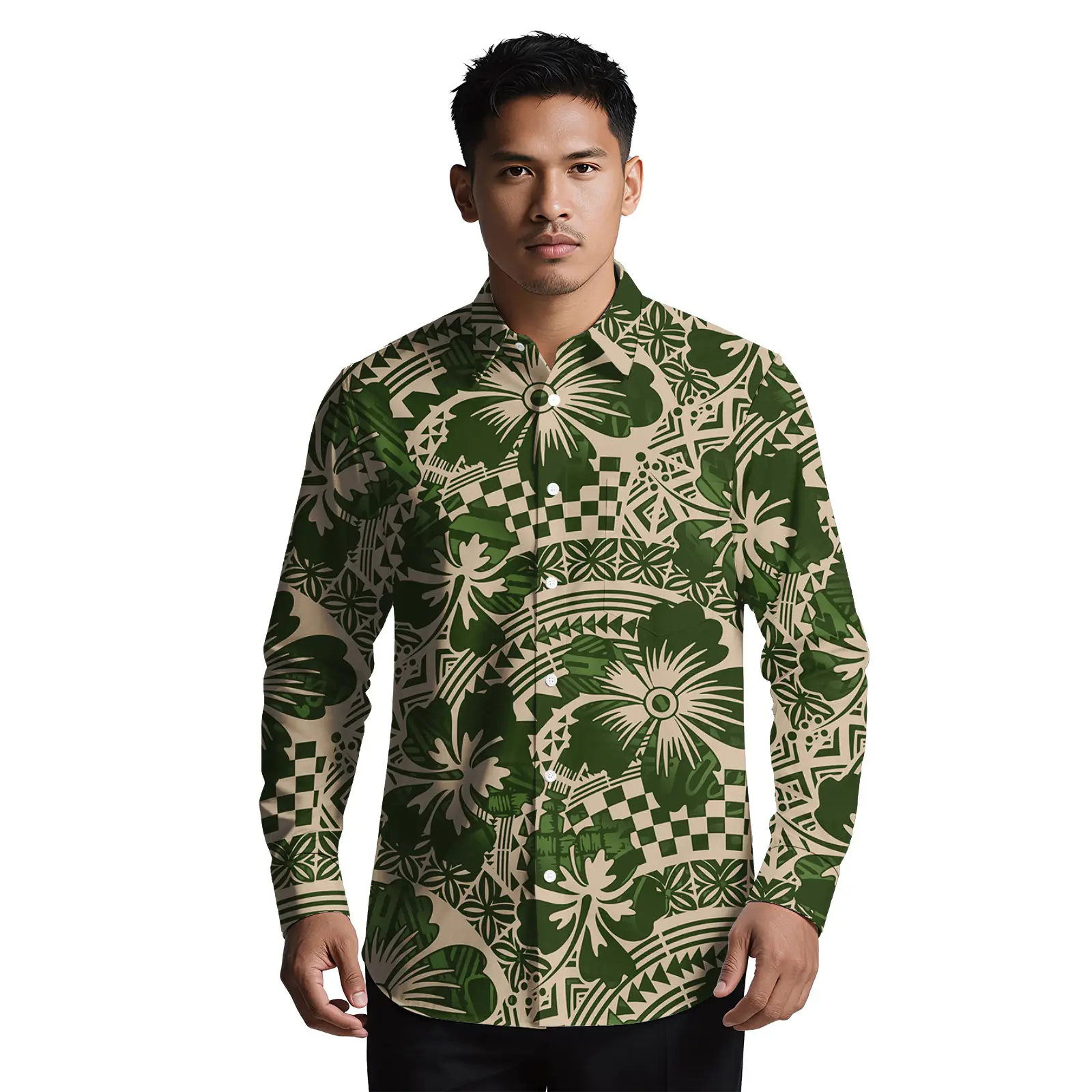 ساموا موضة جديدة مخصصة مريحة بدوره إلى أسفل طوق قميص طويل الأكمام ألوها قمصان البولينيزية القبلية تصميم قميص للرجال #4