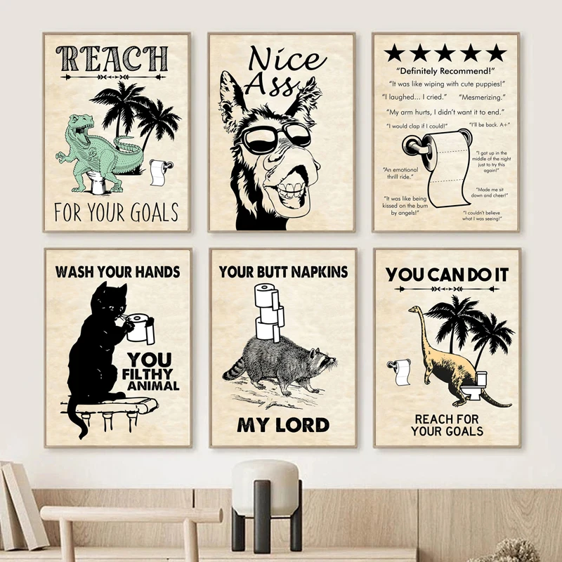 

Funny Bathroom Posters Prints Cute Cat Dinosaur Toilet Paper Canvas Painting Wall Art Picture for Toilet Room Home Decor Cuadros