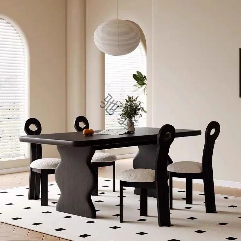 

French retro rectangular solid wood dining table and chairs, quiet wind black long table, home dining table, minimalist desk