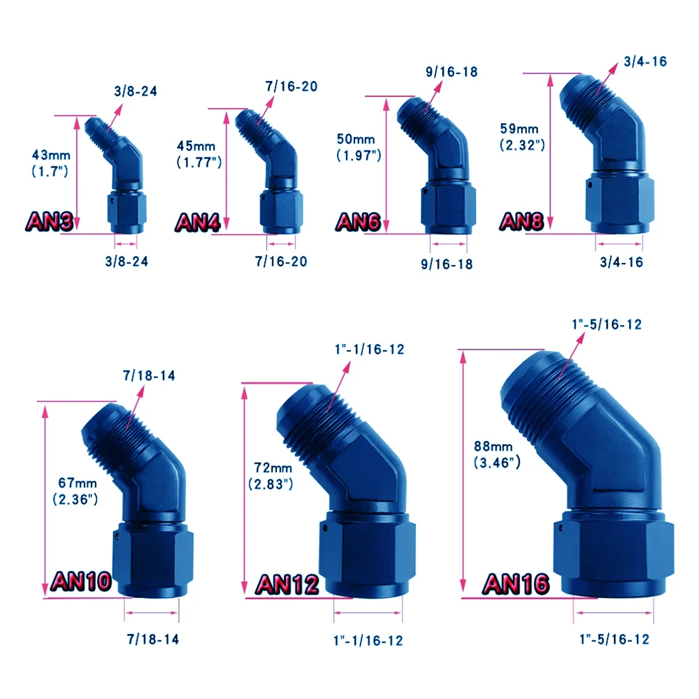 blue Oil Fuel Fittings Anodized Aluminum Adapter 45/90 Degree Female AN3 4 6 8 10 12 16 Swivel Adaptors To Male Black