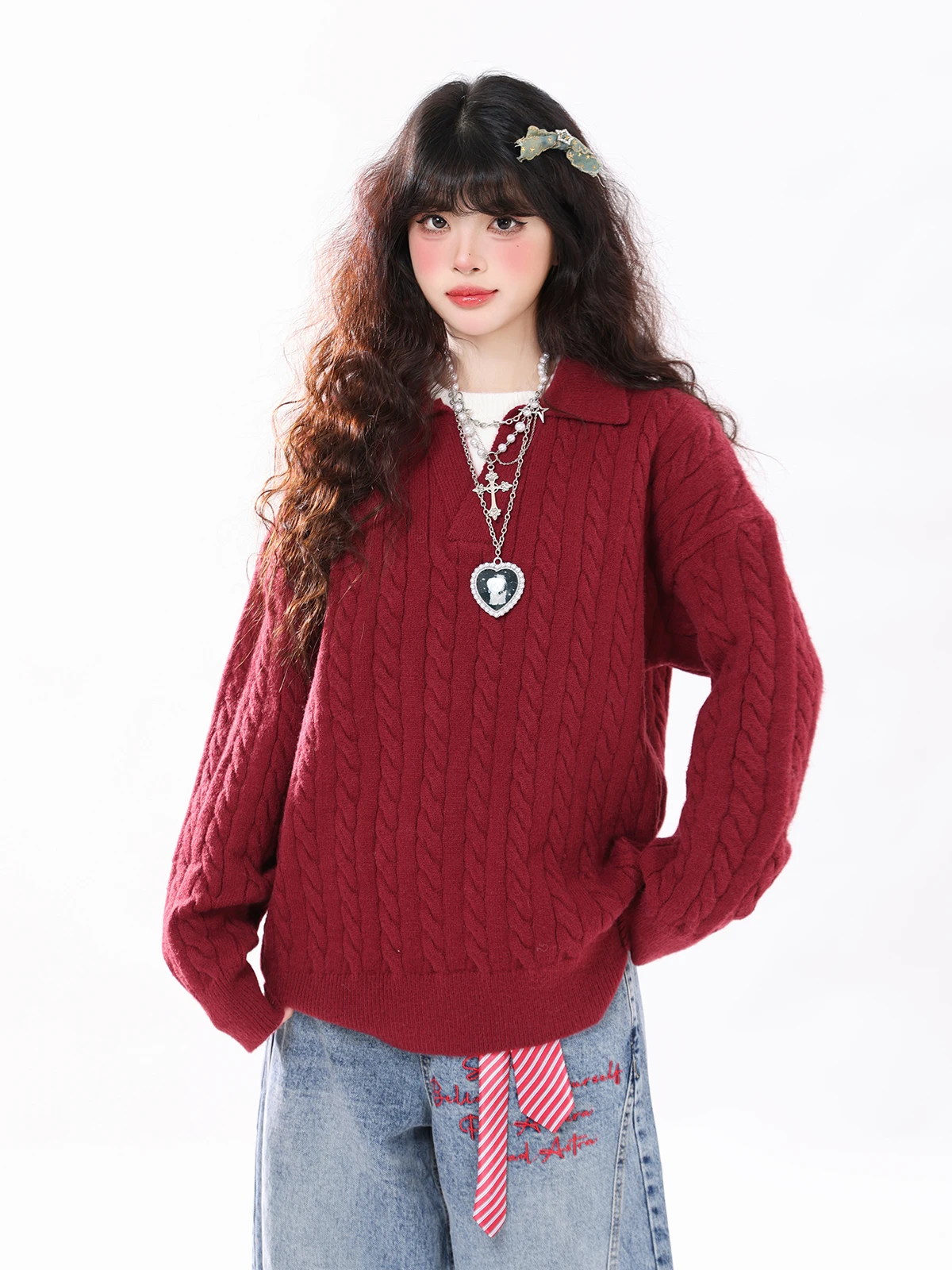 

ENJOG винно-красный воротник, искусственный двухсекционный трикотаж, женская свободная повседневная свободная верхняя одежда для пар, v-образный вырез, длинный све, осень-зима