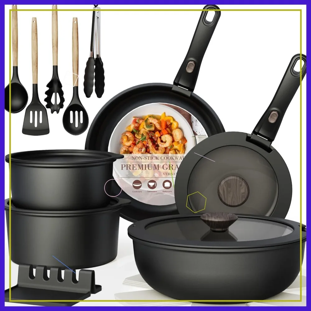 

21 Pc Nonstick Ceramic Cookware Set, Detachable Handle, RV Kitchen, Oven Safe Induction Ready, Stackable Black