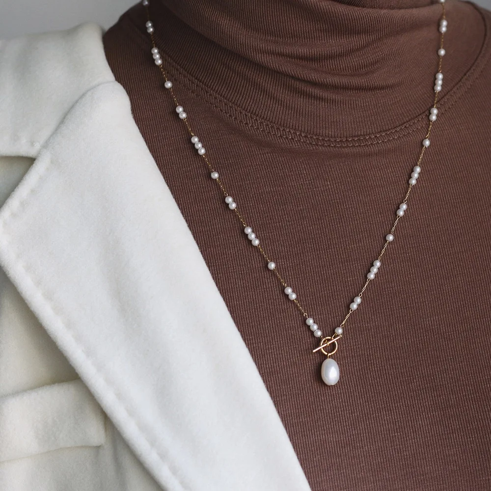 Stainless Steel Long Simulated Pearls Chain Necklace for Women Elegant Natural Baroque Pearl Pendant Necklace Gift