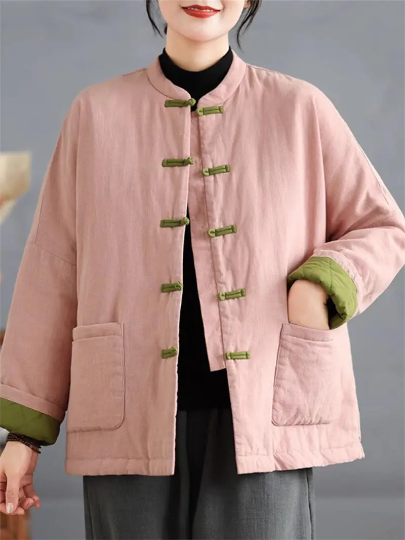 2024 New Style Chinese Women's Pink Cotton Thick Warm Coat Jacket | Autumn Winter Color Blocked Buttoned Loose Outerwear G232